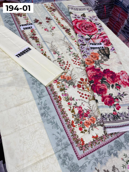 VOL 194 | DS 01 | Digital Printed Cotton Three Piece Doria Lawn Dupatta Plain Trouser