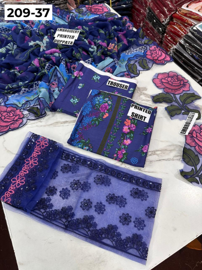 VOL 209 | DS 37 | LAWN 3PC PRINTED LAWN SHIRT ALONG WITH EMBROIDERED PATCHES PRINTED TROUSER EMBROIDERED DUPATTA