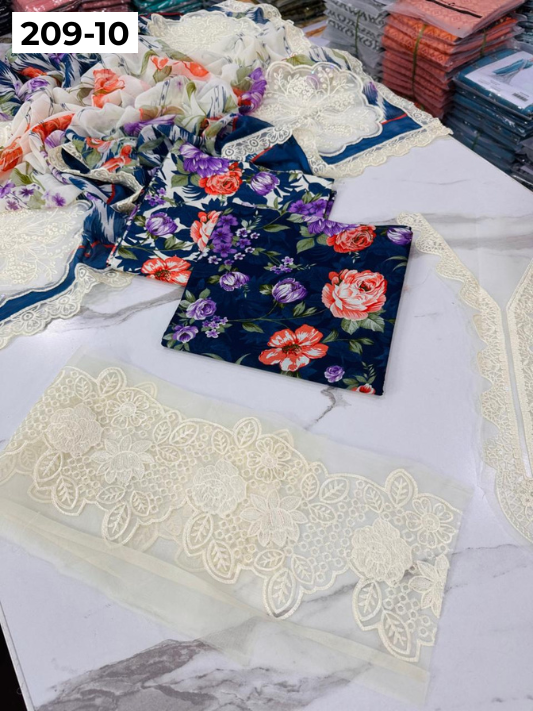 VOL 209 | DS 10 | LAWN 3PC PRINTED LAWN SHIRT ALONG WITH EMBROIDERED PATCHES PRINTED TROUSER EMBROIDERED DUPATTA