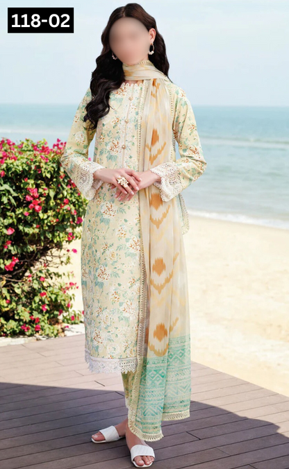 VOL 118 | DS 02 | DIGITAL PRINTED BANADORA LAWN 3PC VOIL LAWN DUPATTA