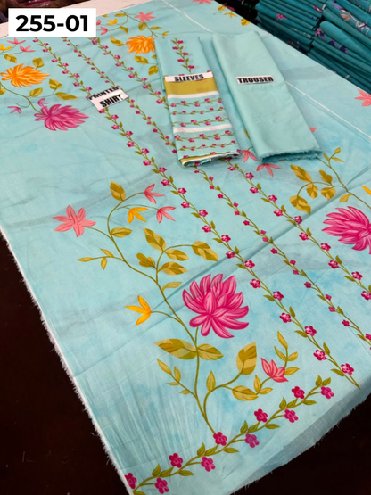 VOL 255 | DS 01 | PRINTED HIT CODES LAWN 2PC | DIGITAL PRINTED LAWN SHIRT PLAIN COTTON TROUSER