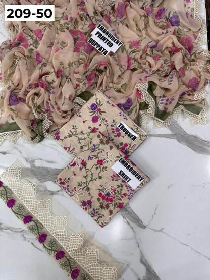 VOL 209 | DS 50 | LAWN 3PC PRINTED LAWN SHIRT ALONG WITH EMBROIDERED PATCHES PRINTED TROUSER EMBROIDERED DUPATTA