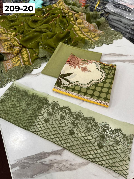 VOL 209 | DS 20 | LAWN 3PC PRINTED LAWN SHIRT ALONG WITH EMBROIDERED PATCHES PRINTED TROUSER EMBROIDERED DUPATTA