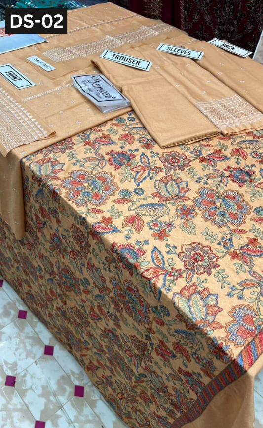 BAREEZE KARANDI | DS 02 | KARANDI EMBROIDERED 3PC WITH EMBROIDERED SHAWL