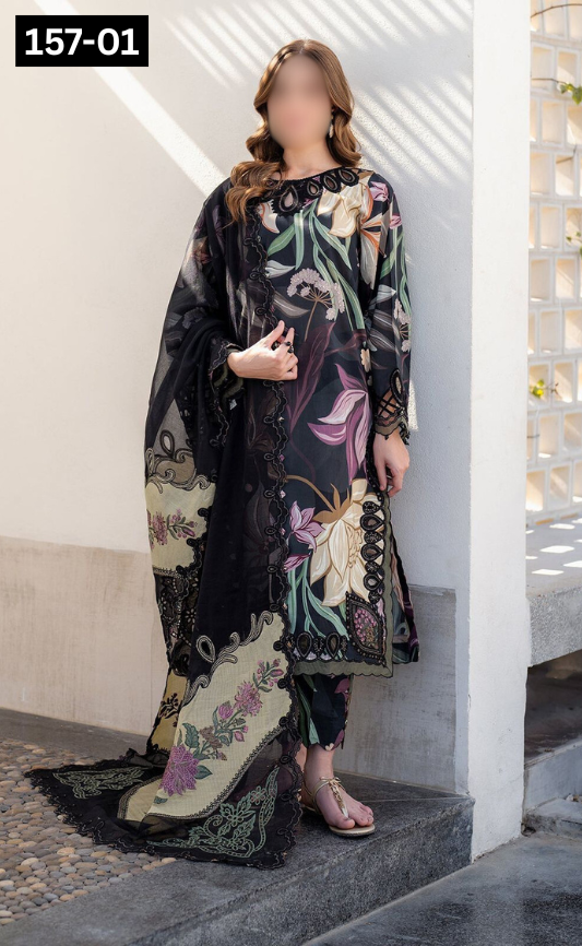 VOL 157 | DS 01 | DIGITAL PRINTED LINEN 3PC | LINEN DUPATTA | EMBROIDERED ORAGANZA PATCHES