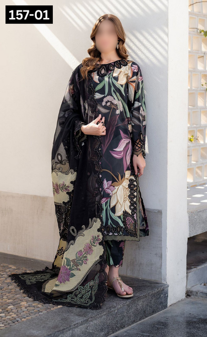 VOL 157 | DS 01 | DIGITAL PRINTED LINEN 3PC | LINEN DUPATTA | EMBROIDERED ORAGANZA PATCHES