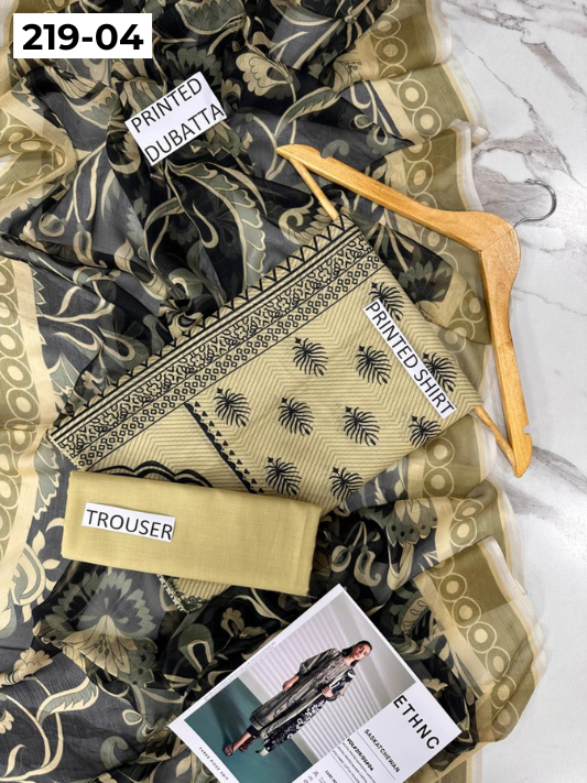 VOL 219 | DS 04 | ETHNC LAWN 3PC | DIGITAL PRINTED BANADORA LAWN SHIRT PLAIN TROUSER BAMBER CHIFFON DUPATTA