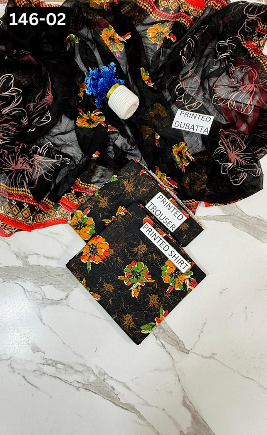 VOL 146 | DS 02 | DIGITAL PRINTED BANADORA LAWN 3PC BAMBER CHIFFON DUPATTA