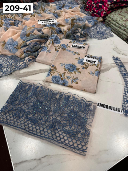 VOL 209 | DS 41 | LAWN 3PC PRINTED LAWN SHIRT ALONG WITH EMBROIDERED PATCHES PRINTED TROUSER EMBROIDERED DUPATTA