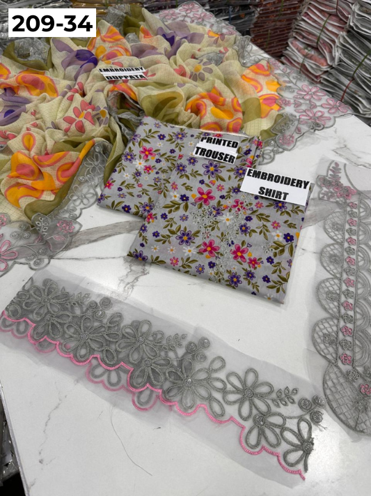 VOL 209 | DS 34 | LAWN 3PC PRINTED LAWN SHIRT ALONG WITH EMBROIDERED PATCHES PRINTED TROUSER EMBROIDERED DUPATTA