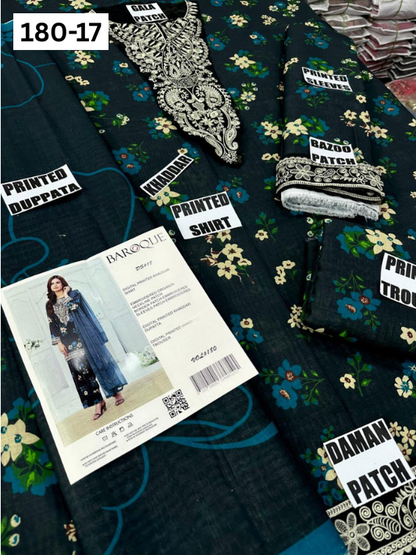 VOL 180 | DS 17 | DIGITAL PRINTED KHADDAR 3PC | EMBROIDERED PATCHES | KHADDAR DUPATTA