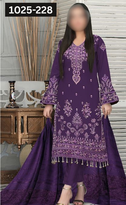 VOL 1025 | DS 228 | DHANAK DYED  EMBROIDERED 3PC DHANAK JACQUARD VELVET SHAWL