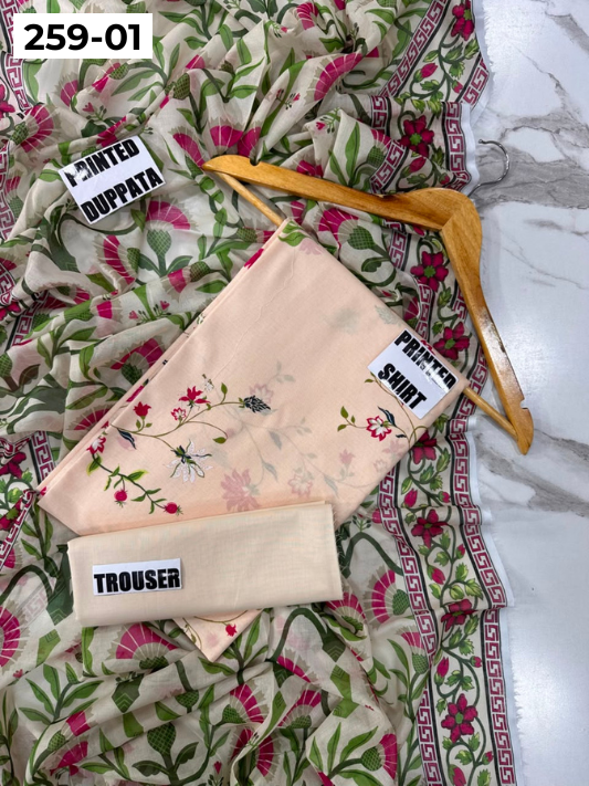VOL 259 | DS 01 | SHANAYA | DIGITAL PRINTED 3PC LAWN SHIRT, DYED TROUSER, PRINTED VOIL DUPATTA