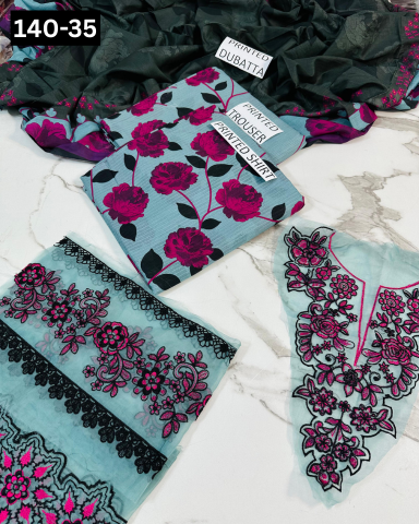 VOL 140 | DS 35 | DIGITAL PRINTED BANADORA LAWN 3PC | VOIL LAWN DUPATTA | EMBROIDERED ORAGANZA PATCHES
