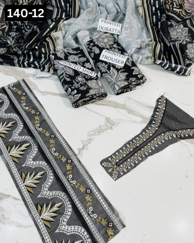 VOL 140 | DS 12 | DIGITAL PRINTED BANADORA LAWN 3PC | VOIL LAWN DUPATTA | EMBROIDERED ORAGANZA PATCHES