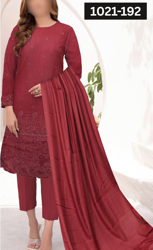 VOL 1021 | DS 192 | DHANAK DYED  EMBROIDERED 3PC DHANAK VELVET SHAWL