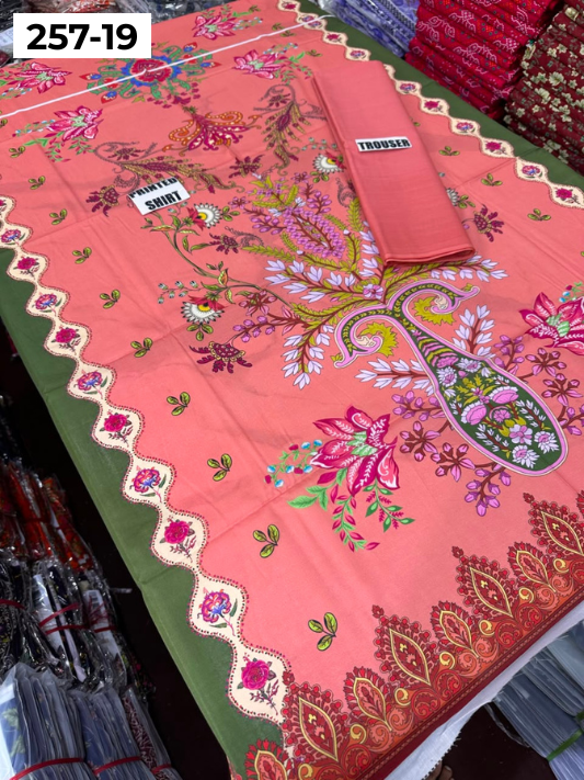 VOL 257 | DS 19 | PRINTED HIT CODES LAWN 2PC | DIGITAL PRINTED LAWN SHIRT, PLAIN COTTON TROUSER