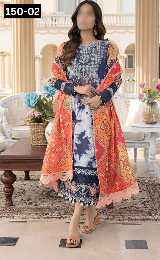 VOL 150 | DS 02 | DIGITAL PRINTED LINEN 3PC LINEN DUPATTA