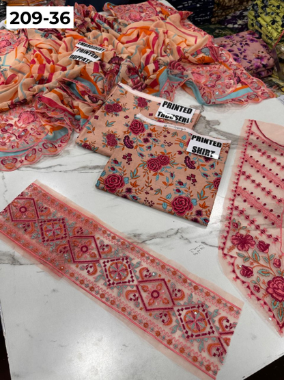 VOL 209 | DS 36 | LAWN 3PC PRINTED LAWN SHIRT ALONG WITH EMBROIDERED PATCHES PRINTED TROUSER EMBROIDERED DUPATTA