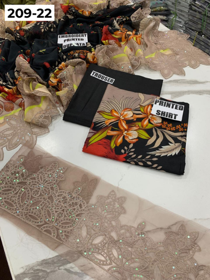 VOL 209 | DS 22 | LAWN 3PC PRINTED LAWN SHIRT ALONG WITH EMBROIDERED PATCHES PRINTED TROUSER EMBROIDERED DUPATTA