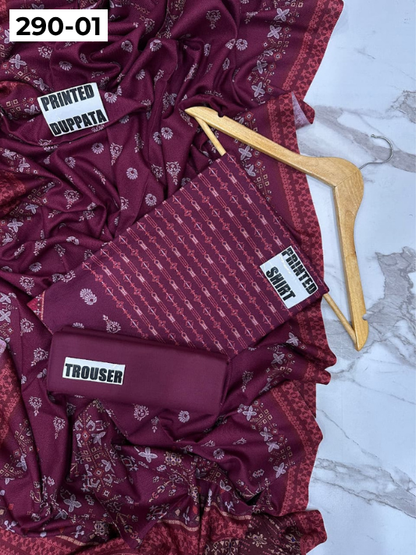 VOL 290 | DS 01 | PREMIUM DHANAK WINTER COLLECTON - DIGITAL PRINTED 3 PIECE SUIT | Printed Shirt with Neck Design | Plain Dyed Matching Trouser | Printed Dupatta