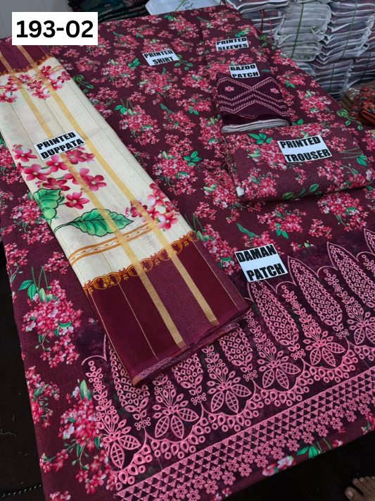 VOL 193 | DS 02 | DIGITAL PRINTED KARANDI 3PC | EMBROIDERED PATCHES | FANCY KARANDI DUPATTA