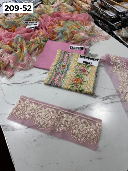 VOL 209 | DS 52 | LAWN 3PC PRINTED LAWN SHIRT ALONG WITH EMBROIDERED PATCHES PRINTED TROUSER EMBROIDERED DUPATTA