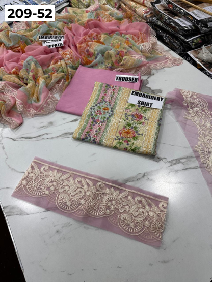 VOL 209 | DS 52 | LAWN 3PC PRINTED LAWN SHIRT ALONG WITH EMBROIDERED PATCHES PRINTED TROUSER EMBROIDERED DUPATTA