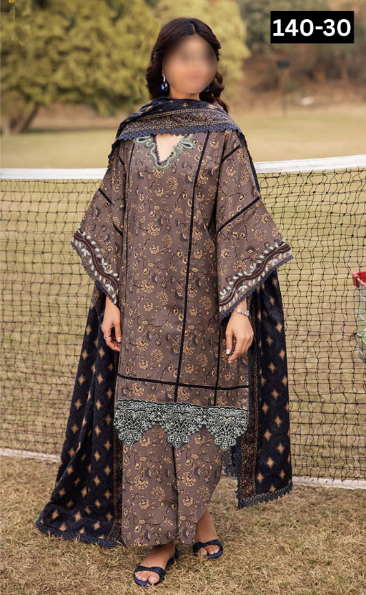 VOL 140 | DS 30 | DIGITAL PRINTED BANADORA LAWN 3PC | VOIL LAWN DUPATTA | EMBROIDERED ORAGANZA PATCHES