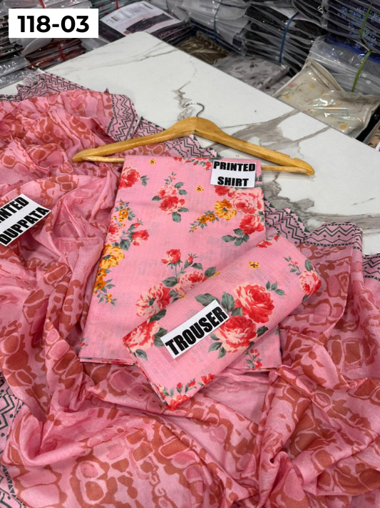 VOL 118 | DS 03 | DIGITAL PRINTED BANADORA LAWN 3PC VOIL LAWN DUPATTA