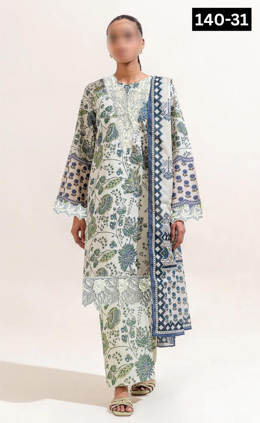 VOL 140 | DS 31 | DIGITAL PRINTED BANADORA LAWN 3PC | VOIL LAWN DUPATTA | EMBROIDERED ORAGANZA PATCHES