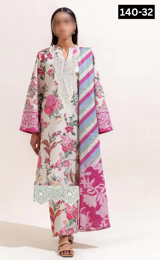 VOL 140 | DS 32 | DIGITAL PRINTED BANADORA LAWN 3PC | VOIL LAWN DUPATTA | EMBROIDERED ORAGANZA PATCHES