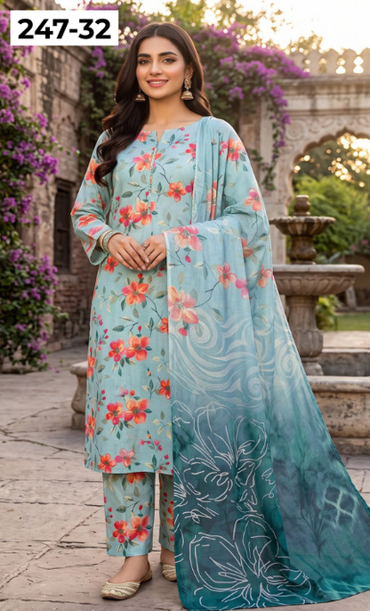 VOL 247 | DS 32 | DIGITAL PRINTED LAWN THREE PIECES VOIL LAWN DUPATTA
