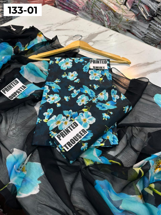 VOL 133 | DS 01 | DIGITAL PRINTED BANADORA LAWN 3PC BAMBER CHIFFON DUPATTA