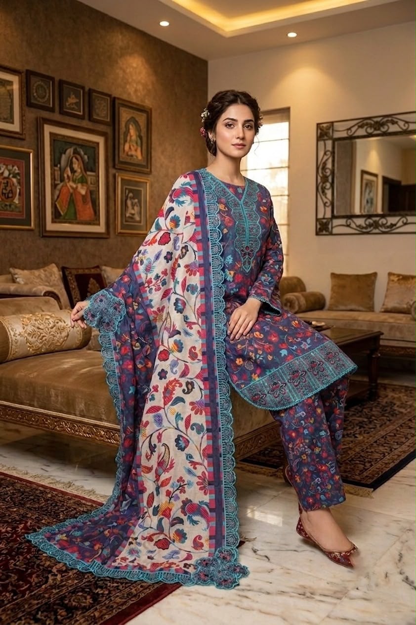 VOL 209 | DS 65 | LAWN 3PC PRINTED LAWN SHIRT ALONG WITH EMBROIDERED PATCHES PRINTED TROUSER EMBROIDERED DUPATTA