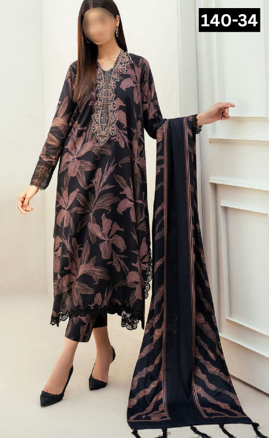VOL 140 | DS 34 | DIGITAL PRINTED BANADORA LAWN 3PC | VOIL LAWN DUPATTA | EMBROIDERED ORAGANZA PATCHES