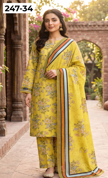 VOL 247 | DS 34 | DIGITAL PRINTED LAWN THREE PIECES VOIL LAWN DUPATTA