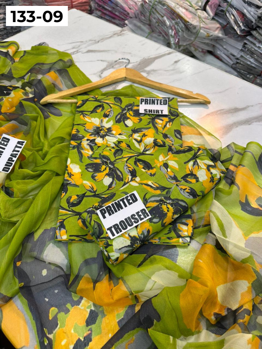 VOL 133 | DS 09 | DIGITAL PRINTED BANADORA LAWN 3PC BAMBER CHIFFON DUPATTA