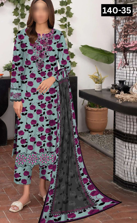 VOL 140 | DS 35 | DIGITAL PRINTED BANADORA LAWN 3PC | VOIL LAWN DUPATTA | EMBROIDERED ORAGANZA PATCHES