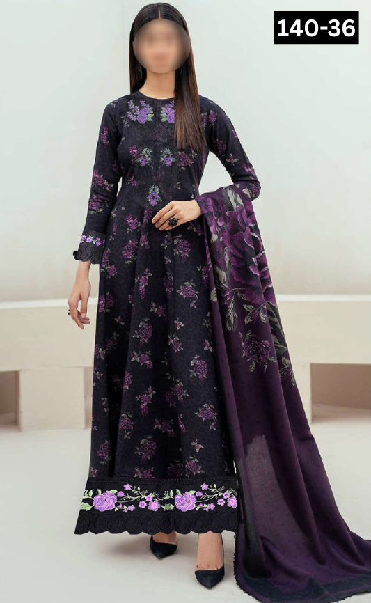 VOL 140 | DS 36 | DIGITAL PRINTED BANADORA LAWN 3PC | VOIL LAWN DUPATTA | EMBROIDERED ORAGANZA PATCHES