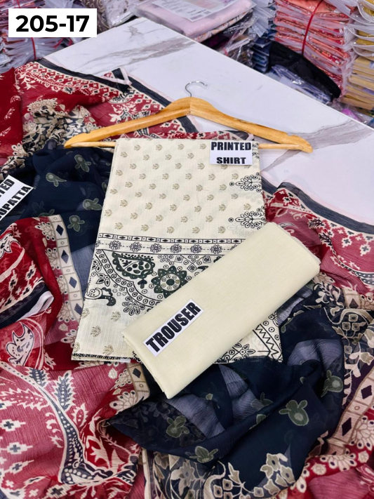 VOL 205 | DS 17 | DIGITAL PRINTED BANADORA LAWN SHIRT PLAIN TROUSER BAMBER CHIFFON DUPATTA