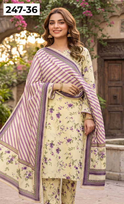 VOL 247 | DS 36 | DIGITAL PRINTED LAWN THREE PIECES VOIL LAWN DUPATTA