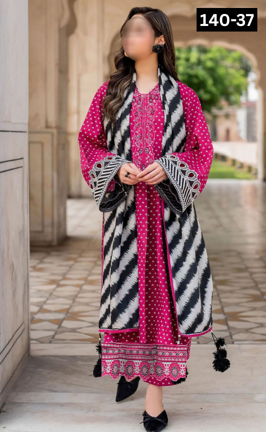 VOL 140 | DS 37 | DIGITAL PRINTED BANADORA LAWN 3PC | VOIL LAWN DUPATTA | EMBROIDERED ORAGANZA PATCHES
