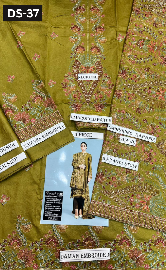 BAREEZE KARANDI | DS 37 | KARANDI EMBROIDERED 3PC WITH EMBROIDERED SHAWL