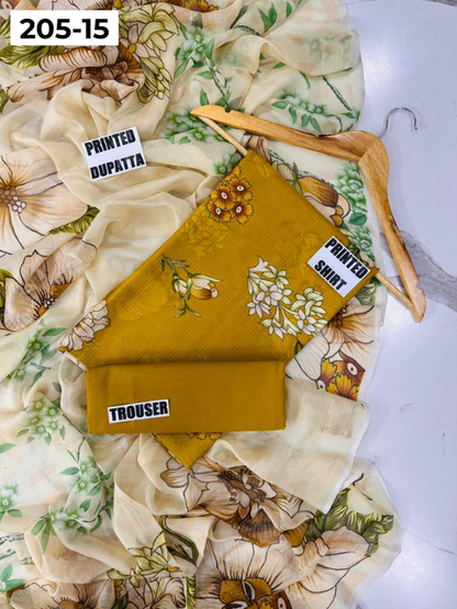 VOL 205 | DS 15 | DIGITAL PRINTED BANADORA LAWN SHIRT PLAIN TROUSER BAMBER CHIFFON DUPATTA