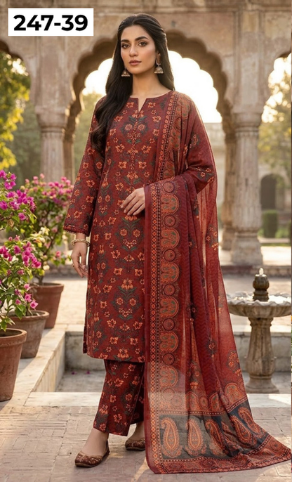 VOL 247 | DS 39 | DIGITAL PRINTED LAWN THREE PIECES VOIL LAWN DUPATTA