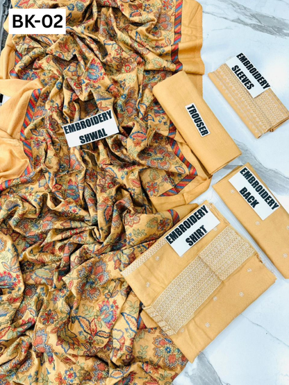 BAREEZE KARANDI | DS 02 | KARANDI EMBROIDERED 3PC WITH EMBROIDERED SHAWL