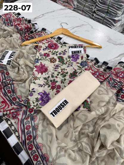 VOL 228 | DS 07 | DIGITAL PRINTED LAWN 3PC PRINTED LAWN SHIRT PLAIN TROUSER PRINTED VOIL DUPATTA