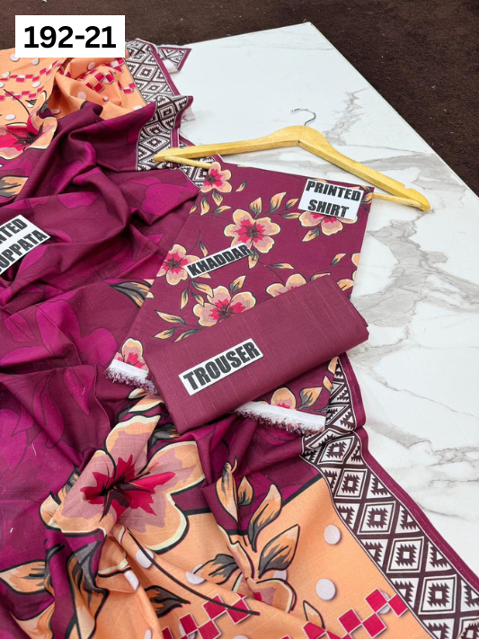 VOL 192 | DS 21 | DIGITAL PRINTED KHADDAR 3PC DYED TROUSER