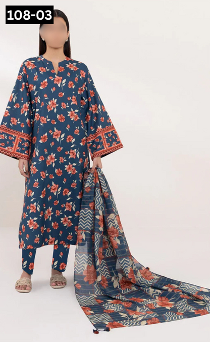 VOL 108 | DS 03  | DIGITAL PRINTED LAWN 3PC VOIL LAWN DUPATTA